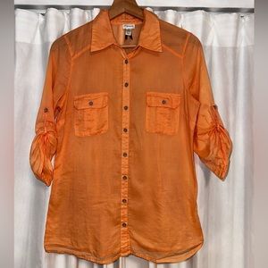 DYNAMITE: Sheer Button-down Roll-up Sleeved Blouse